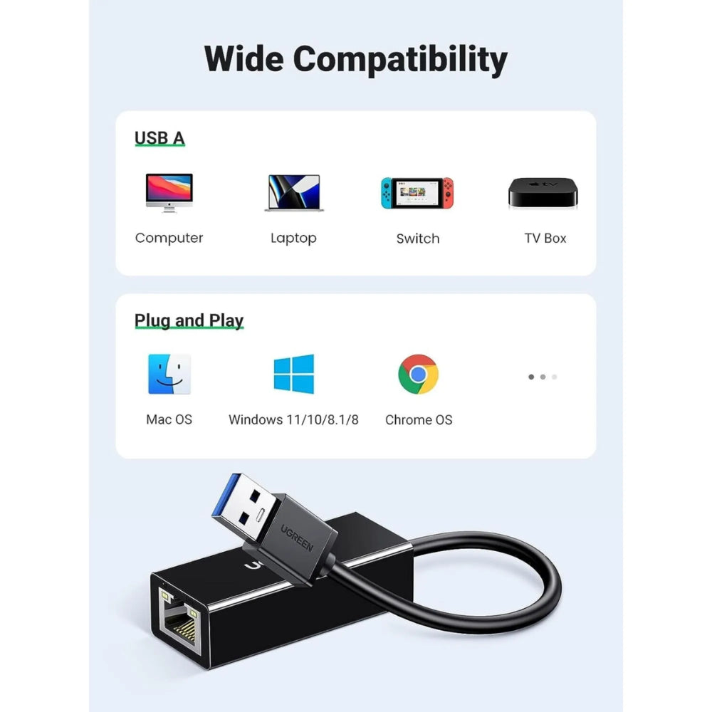 Adaptador Ethernet Ugreen USB-A 3.0 Gigabit 10/100/1000 Mbps color Negro 20256