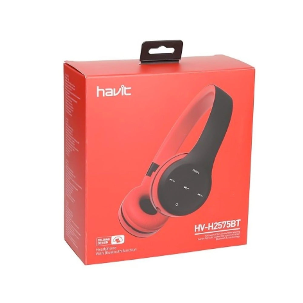 Audifonos Havit Bluetooth 4.2 Entrada Auxiliar con Botones Subir Bajar Volumen Contestar Cambiar cancion Funcion Radio FM Micro SD color negro+rojo HV-H2575BT