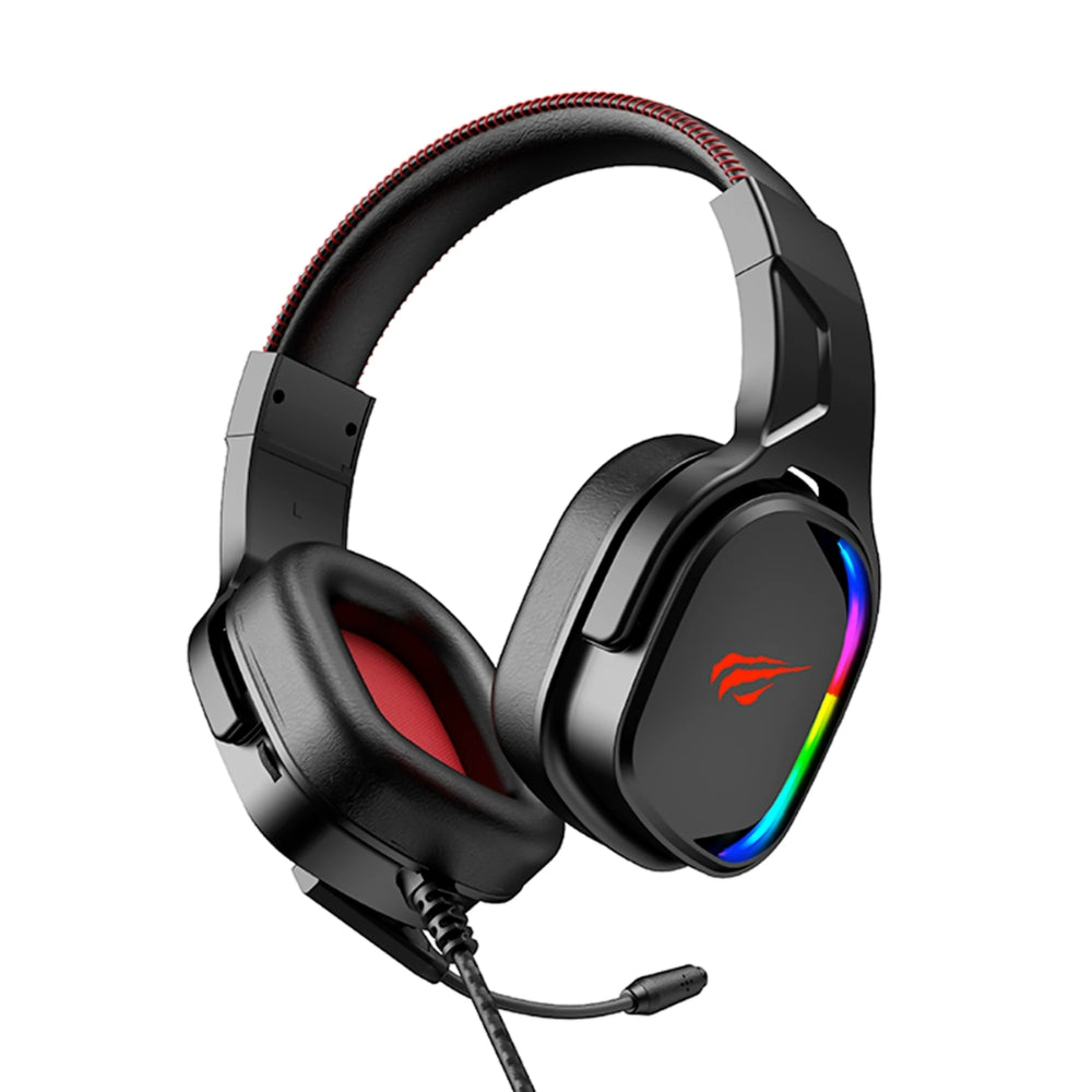 Audifonos Havit Gamer Sonido Estereo Envolvente 3D Orejeras de Piel Reduccion de Ruido Pasivo Microfono Omnidireccional color negro+rojo H2022U