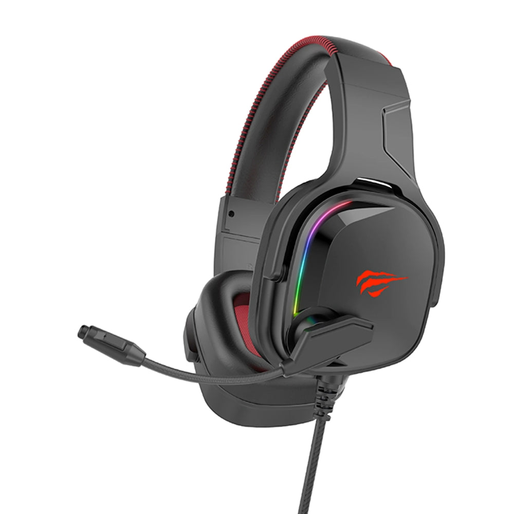 Audifonos Havit Gamer Sonido Estereo Envolvente 3D Orejeras de Piel Reduccion de Ruido Pasivo Microfono Omnidireccional color negro+rojo H2022U