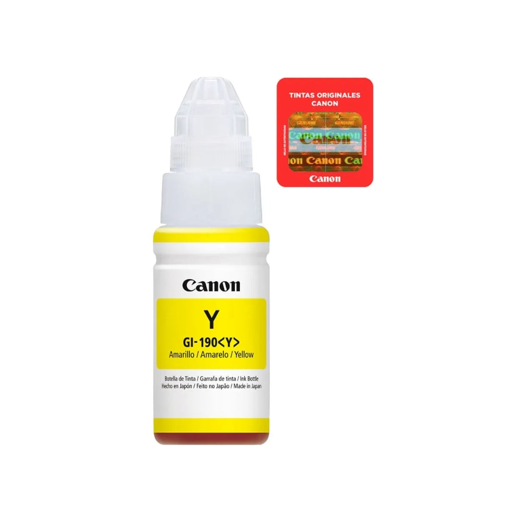 Botella de Tinta Canon GI-190Y color Amarillo de 70ml Compatible con Pixma G3110 G4110 0670C001AC