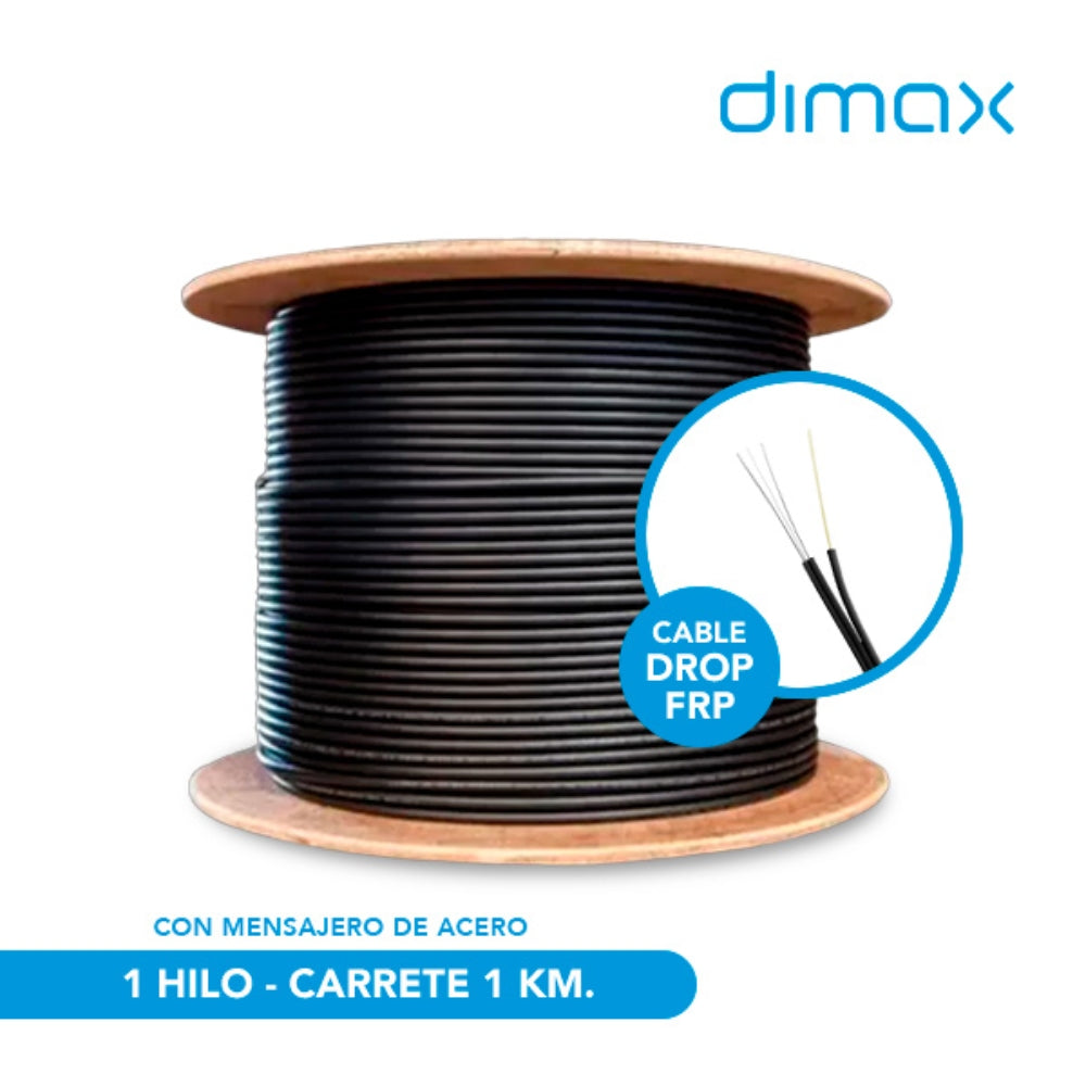 Cable Drop FRP Fibra de Vidrio Dimax 1 hilo con Mensajero de Acero G657A1 LSZH 2.0/5.0mm Carrete de 1KM C732