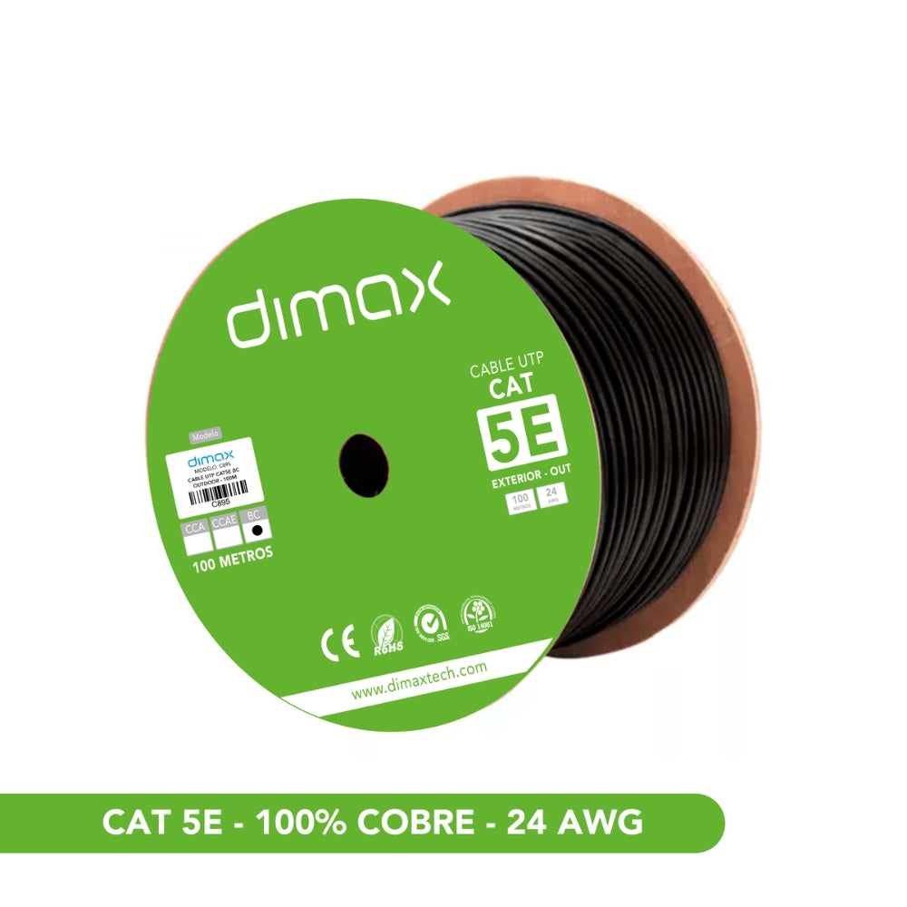 Cable Ethernet UTP Dimax Categoria 5E 24AWG 100% Cobre Longitud 100 Metros para Exterior color Negro con Carrete C895