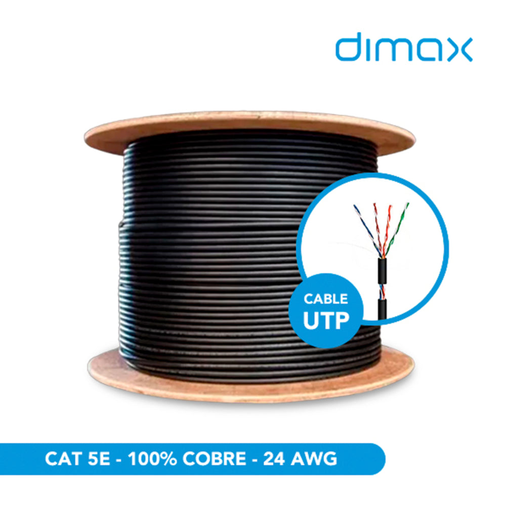 Cable Ethernet UTP Dimax Categoria 5E 24AWG 100% Cobre Longitud 305 Metros para Exterior con Mensajero color Negro con Carrete de Madera C908