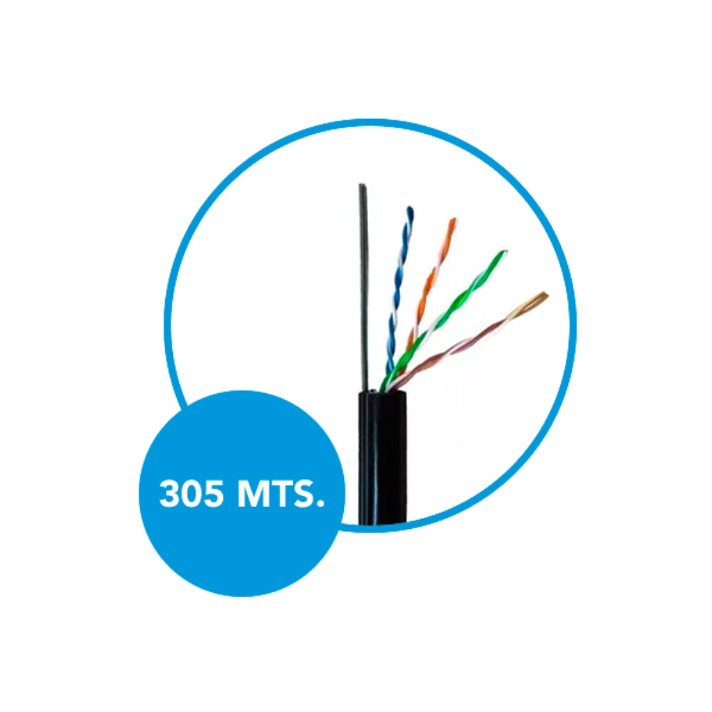 Cable Ethernet UTP Dimax Categoria 5E 24AWG Aleacion Longitud 305 Metros para Exterior con Mensajero color Negro con Carrete de Madera C726