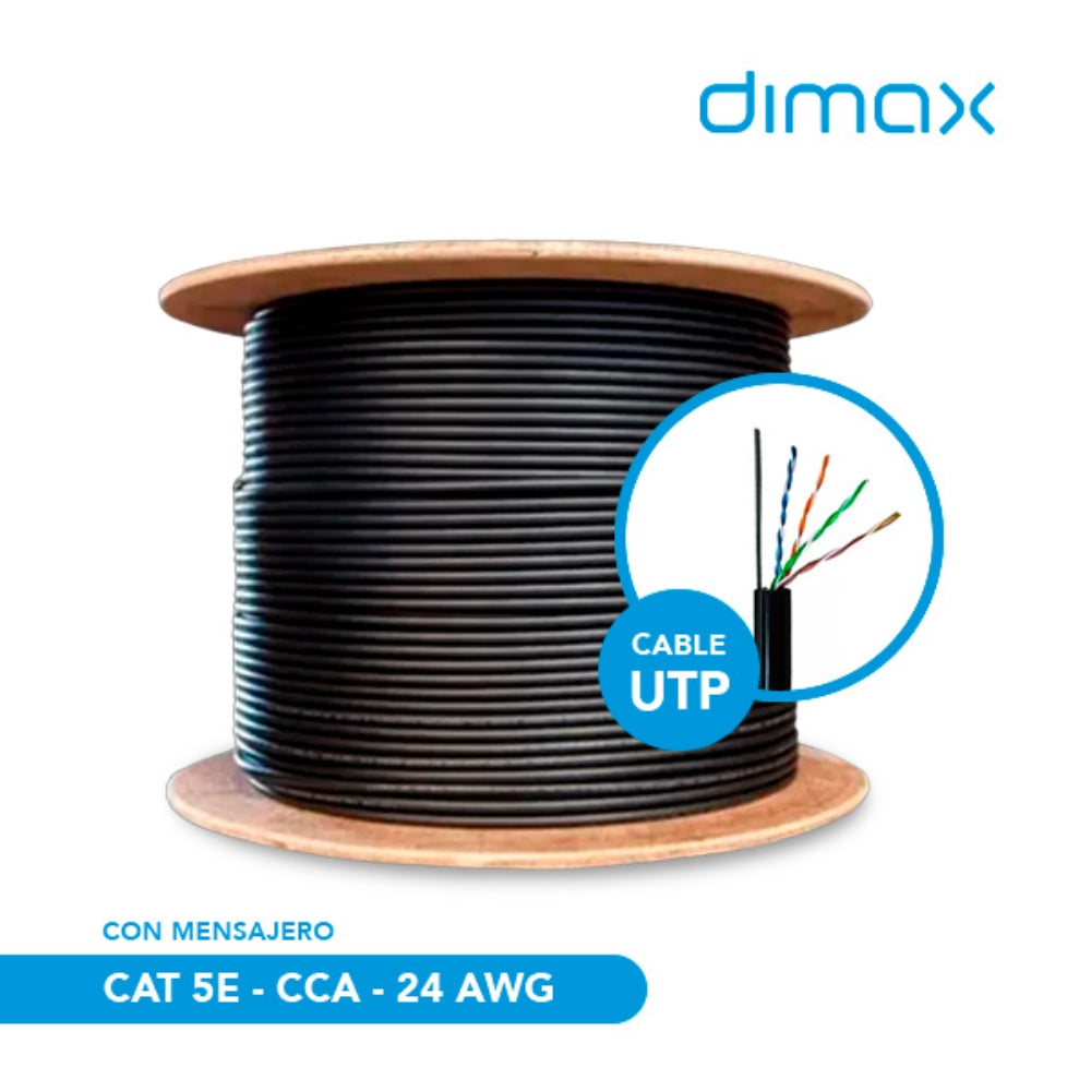 Cable Ethernet UTP Dimax Categoria 5E 24AWG Aleacion Longitud 305 Metros para Exterior con Mensajero color Negro con Carrete de Madera C726