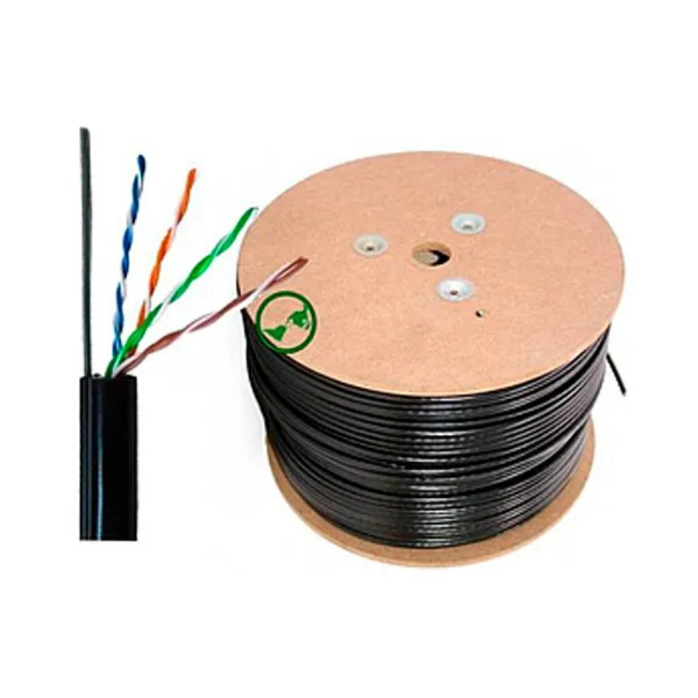 Cable Ethernet UTP Dimax Categoria 5E 24WG Aleacion Longitud 305 Metros para Exterior con Mensajero color Negro con Carrete de Madera DC1-5E-305-CCA-MOUT