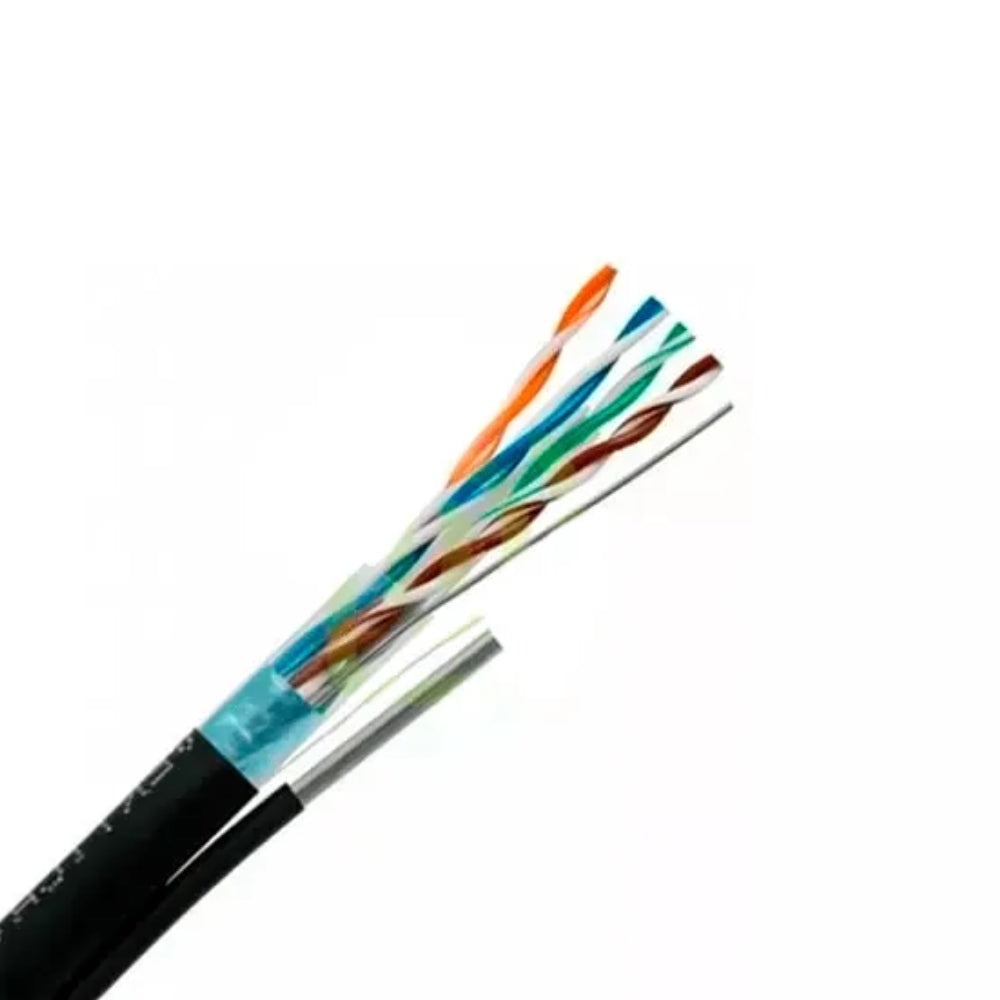 Cable Ethernet UTP Dimax Categoria 5E 24WG Aleacion Longitud 305 Metros para Exterior con Mensajero color Negro con Carrete de Madera DC1-5E-305-CCA-MOUT