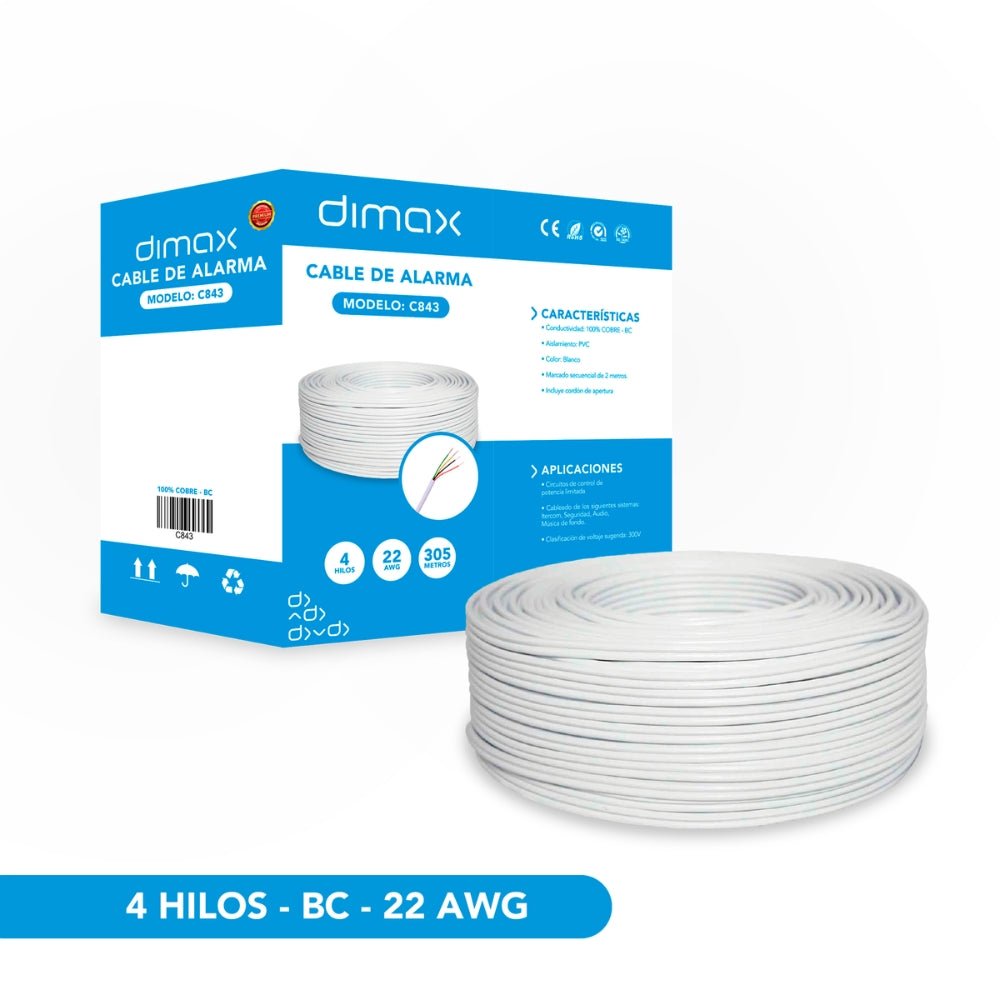 Cable para Alarmas Dimax 4 Hilos 22AWG Multifilar 100% Cobre Cobre Longitud 305 Metros Aislamiento PVC Marcado Secuencial Color Blanco C843