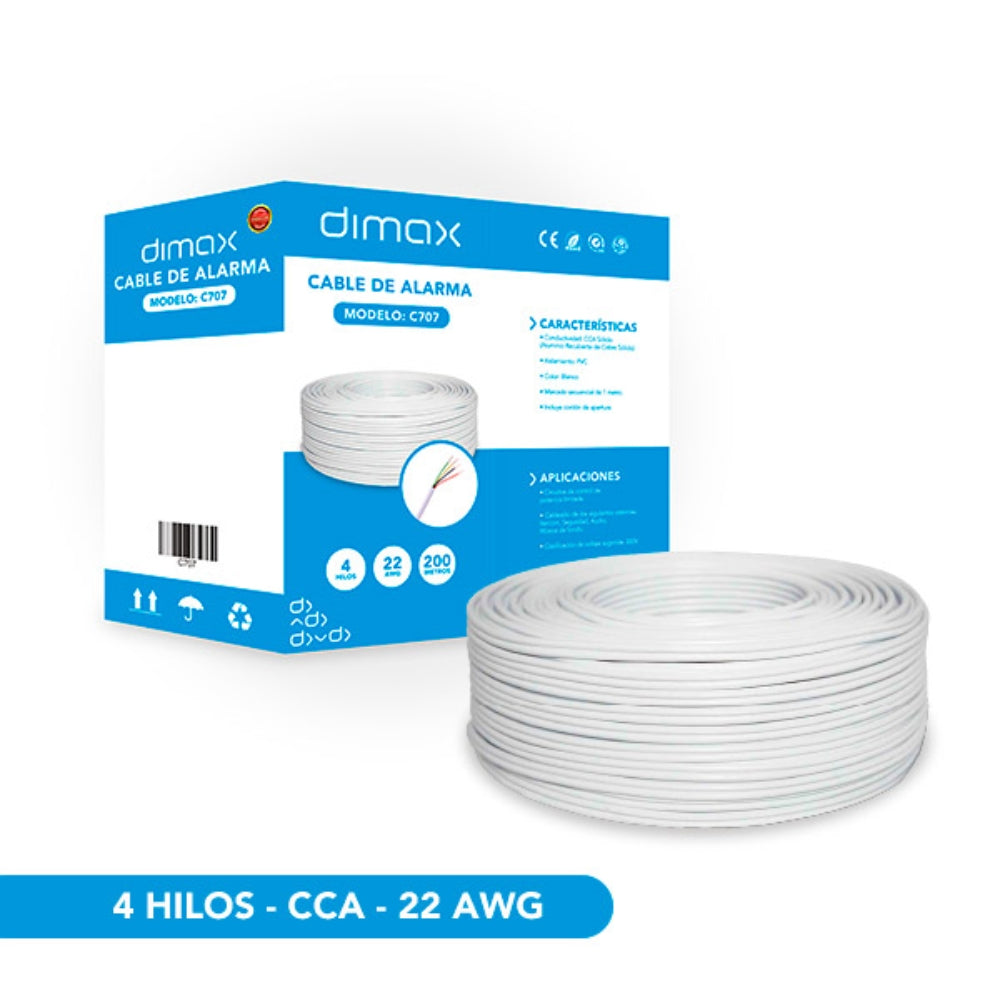 Cable para Alarmas Dimax 4 Hilos 22AWG Unifilar CCA Longitud 200 Metros Aislamiento PVC Marcado Secuencial Color Blanco C707