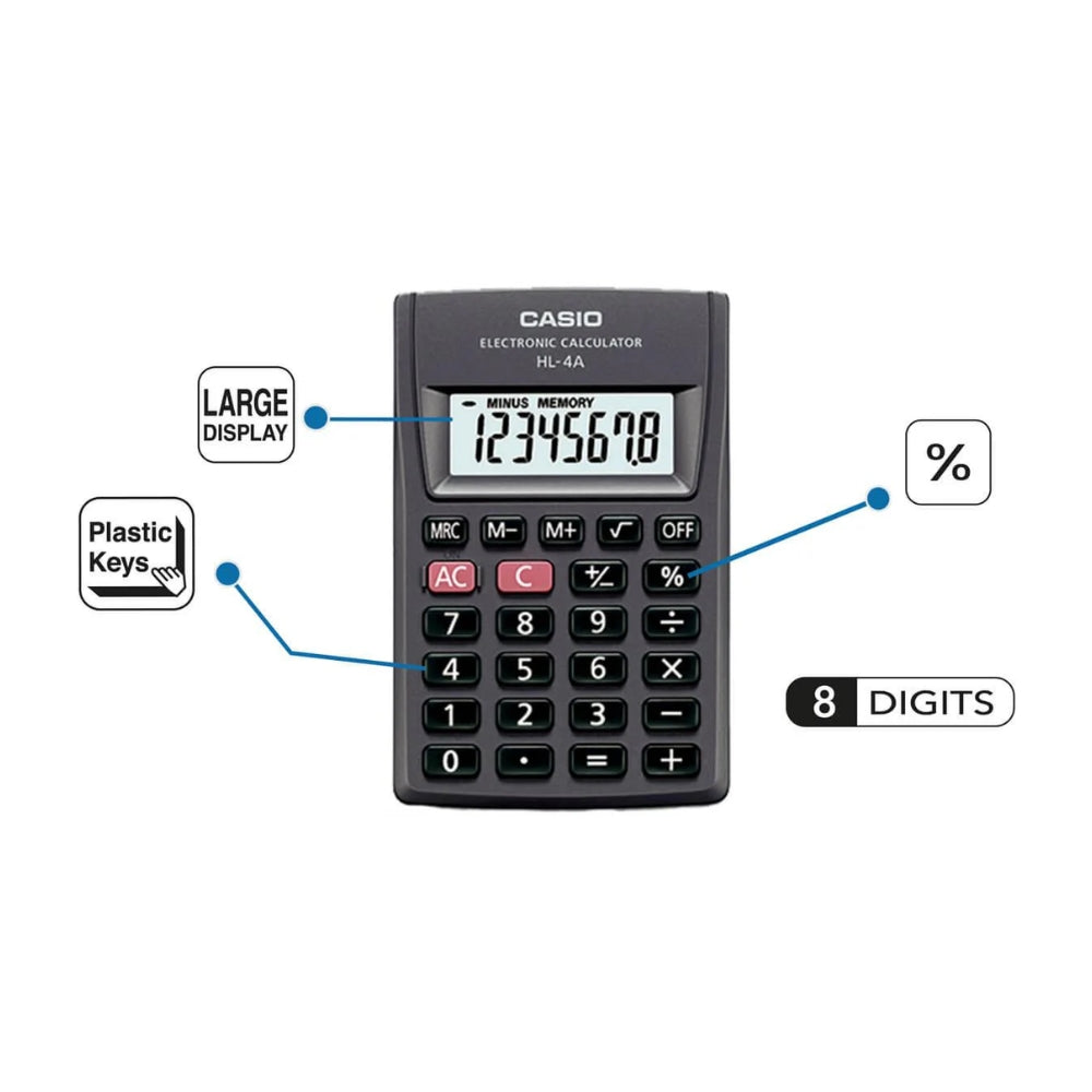 Calculadora Casio de Bolsillo de 8 Digitos Pantalla LCD color Negro HL-4BK