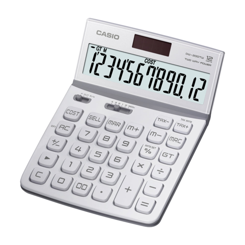 Calculadora Casio de Escritorio de 12 Digitos Pantalla LCD Grande Teclas Ergonomicas color Blanco DW-200-TW-WE-S