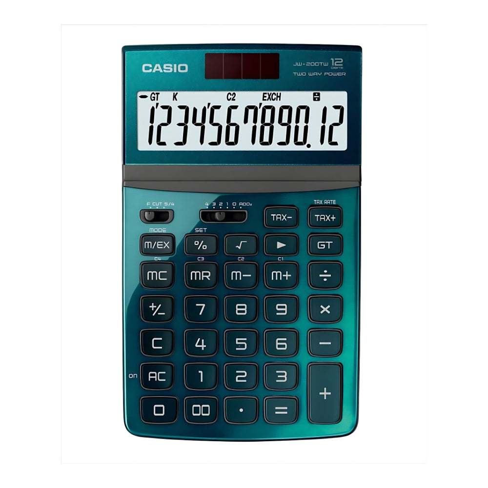 Calculadora Casio de Escritorio de 12 Digitos Pantalla LCD Grande Teclas Ergonomicas color Verde Oscuro con Negro DW-200-TW-GN-S