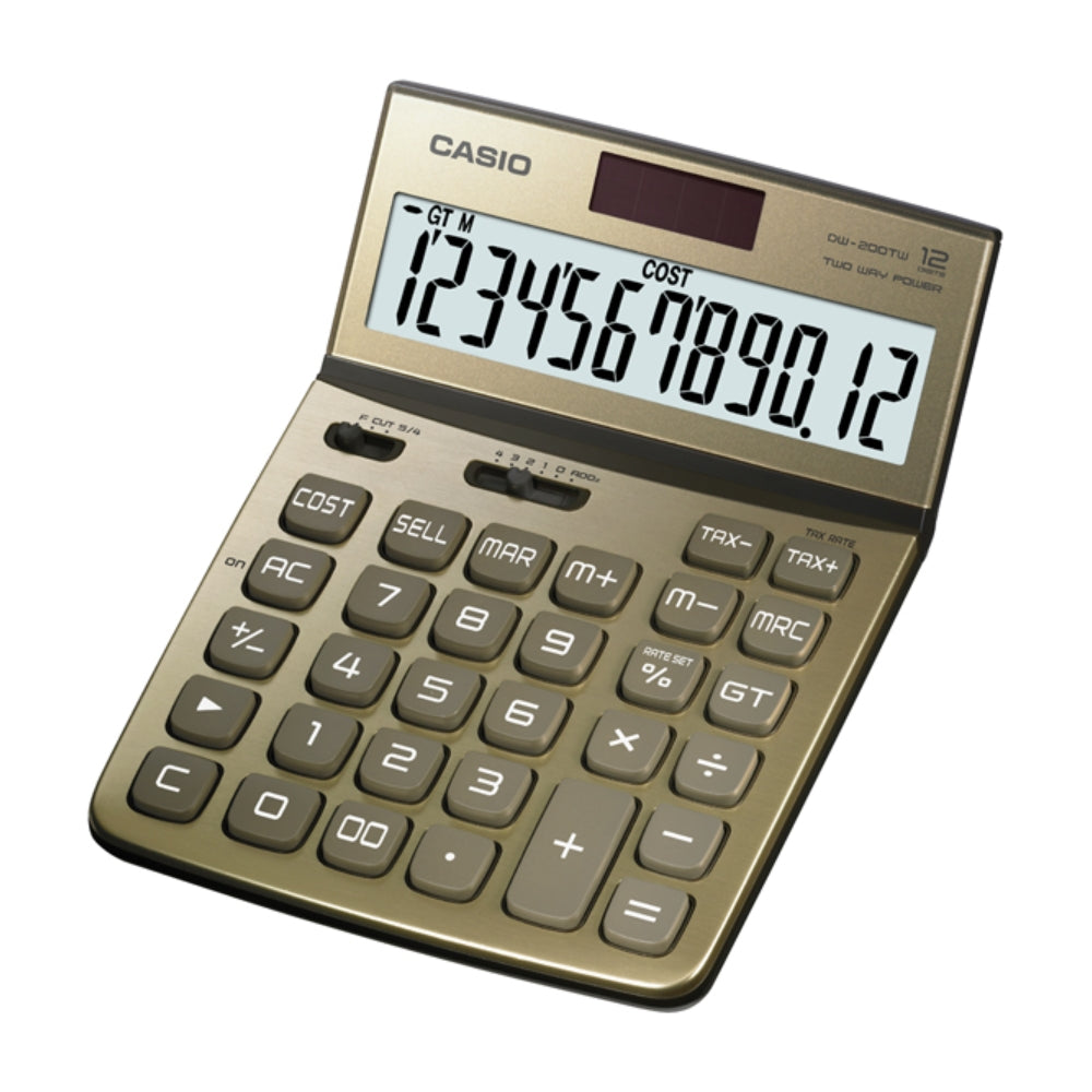 Calculadora Casio de Escritorio de 14 Digitos Pantalla LCD Grande Teclas Ergonomicas color Dorado con Negro DW-200-TW-GD-S