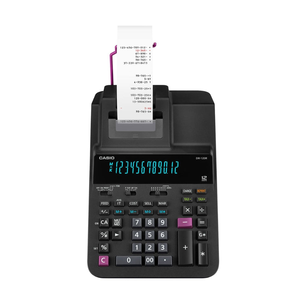 Calculadora Casio Winchadora de 12 Digitos Pantalla LCD Grande con Impresora Termica Alimentacion 220VAC DR-120R-BK-E