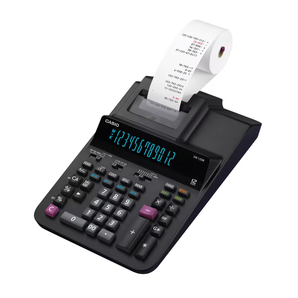 Calculadora Casio Winchadora de 12 Digitos Pantalla LCD Grande con Impresora Termica Alimentacion 220VAC DR-120R-BK-E