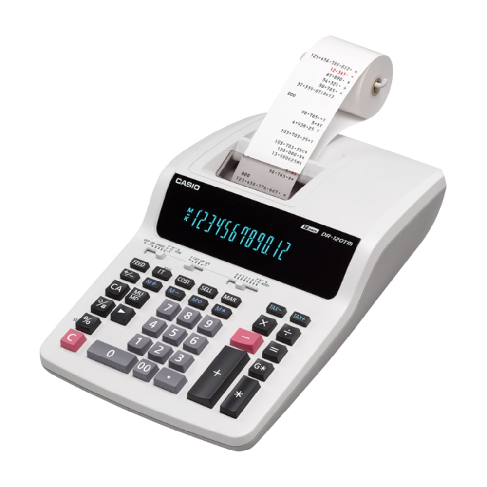 Calculadora Casio Winchadora de 12 Digitos Pantalla LCD Grande con Impresora Termica Alimentacion 220VAC DR-120TM-WE