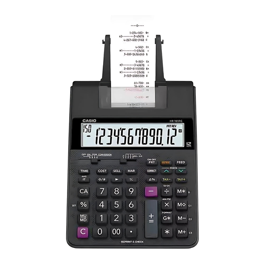 Calculadora Casio Winchadora de 12 Digitos Pantalla LCD Grande con Impresora Termica Alimentacion 220VAC HR-100RC-BK