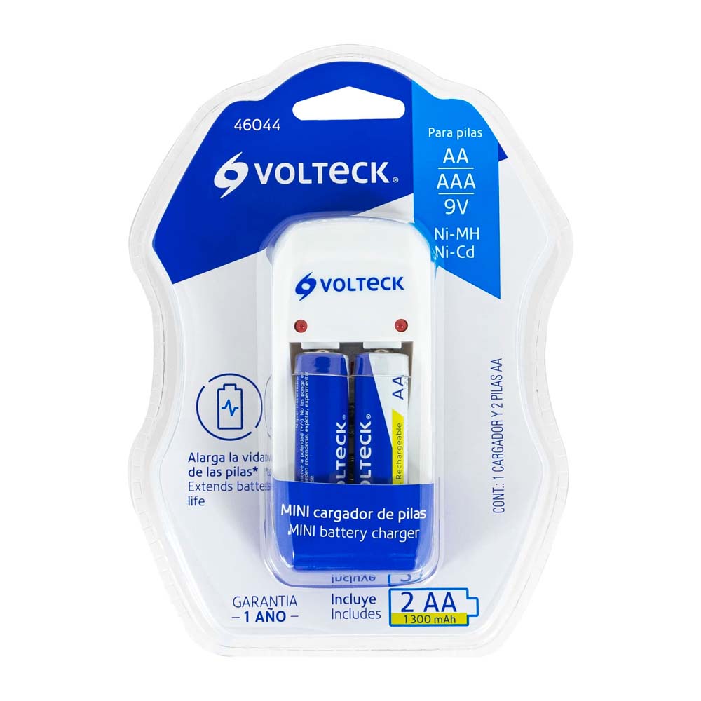 Cargador de Pilas Volteck AA, AAA y 9V (Incluye 2 Pilas AA)
