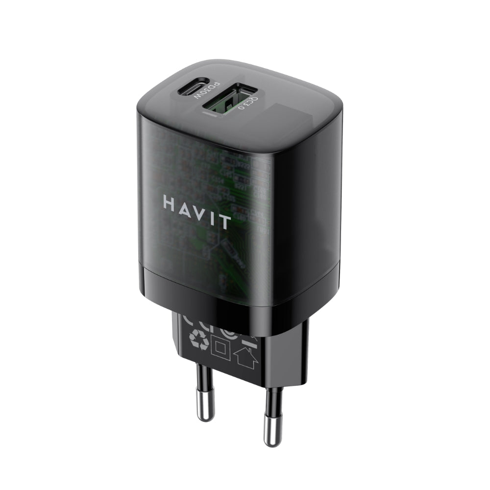 Cargador de viaje Havit 30 Watts Salida 1 Puerto USB-A y 1 Puerto USB-C UC303-BLACK