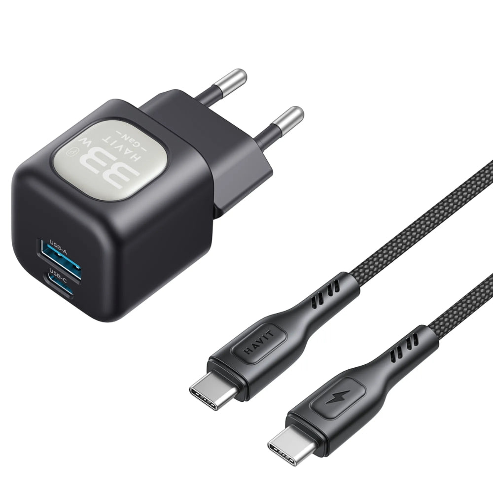 Cargador Havit 30 Watts GaN con 1 Puerto USB-A y 1 Puerto USB-C incluye cable USB-C a USB-C PD60W UC233 EU-BK