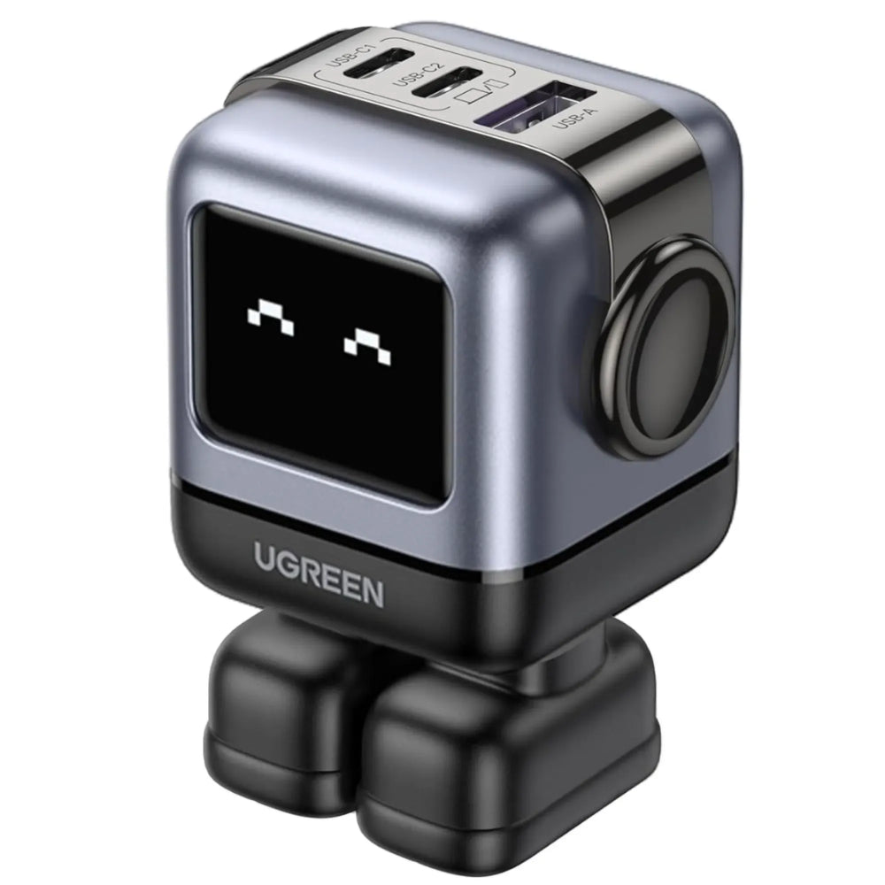 Cargador Ugreen USB-C 65W Nexode Robot GaN con Pantalla LED y Botas Magneticas Extraibles 1xUSB-A 3.0 y 2xUSB-C color Gris 15570