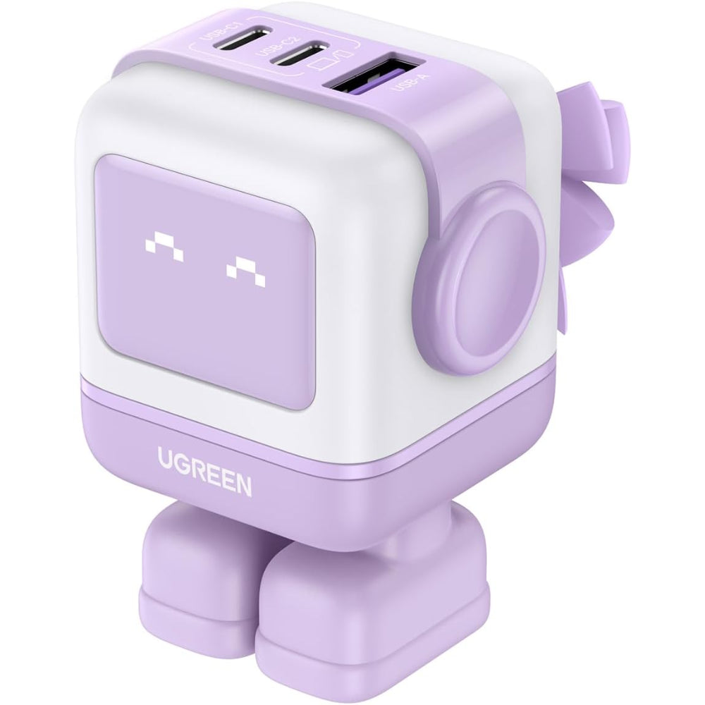 Cargador Ugreen USB-C 65W Nexode Robot GaN con Pantalla LED y Botas Magneticas Extraibles 1xUSB-A 3.0 y 2xUSB-C color Purpura 35314