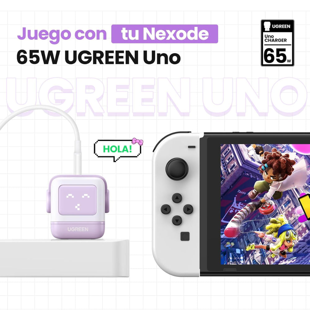 Cargador Ugreen USB-C 65W Nexode Robot GaN con Pantalla LED y Botas Magneticas Extraibles 1xUSB-A 3.0 y 2xUSB-C color Purpura 35314