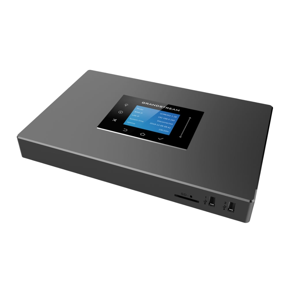 Central IP Grandstream 2 Troncales 2 Puertos FXO 2 Puertos FXS 1000 Cuentas SIP 150 Llamadas Simultaneas 3 Puertos Ethernet Gigabit PoE NAT Soporta Alimentacion PoE UCM6302