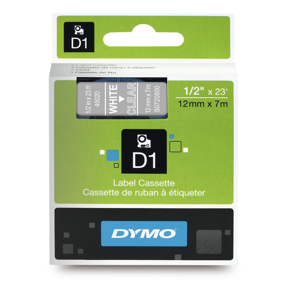 Cinta Dymo D1 Labelmanager Standard Blanco sobre Transparente 12mm x 7m 45020