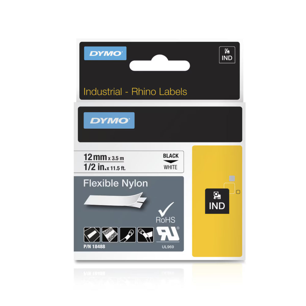 Cinta Dymo Rhino Industrial Nylon Flexible Negro sobre Blanco 12mm x 3.5m 18488