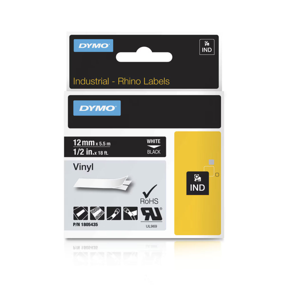 Cinta Dymo Rhino Industrial Vinil Blanco sobre Negro 12mm x 5.5m 1805435