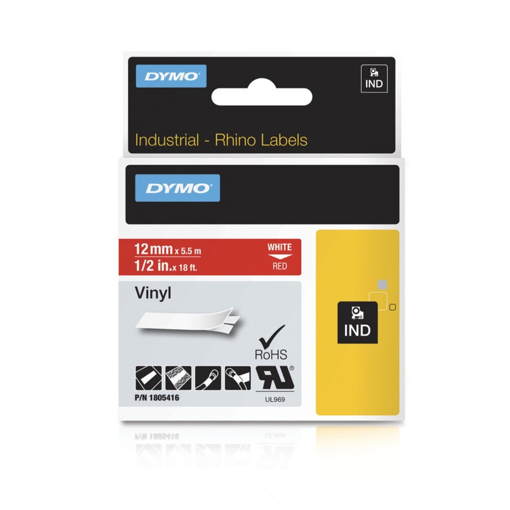 Cinta Dymo Rhino Industrial Vinil Blanco sobre Rojo 12mm x 5.5m 1805416