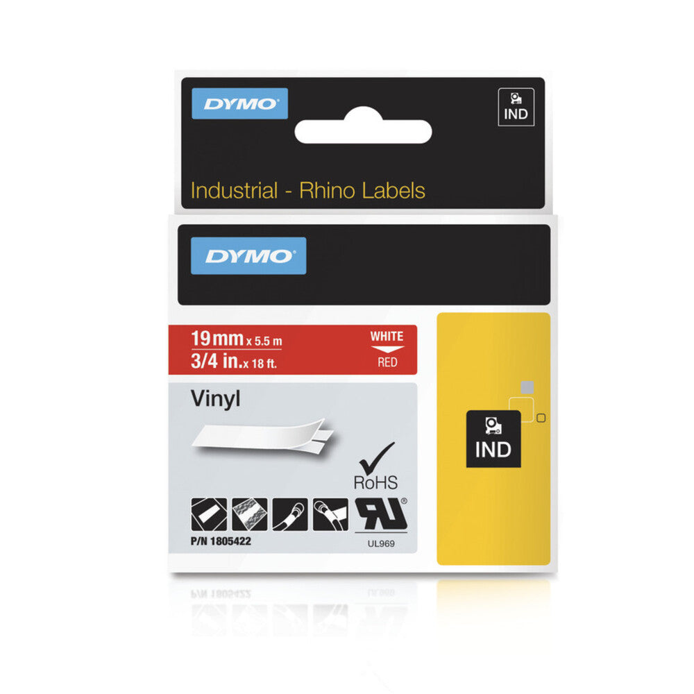 Cinta Dymo Rhino Industrial Vinil Blanco sobre Rojo 19mm x 5.5m 1805422