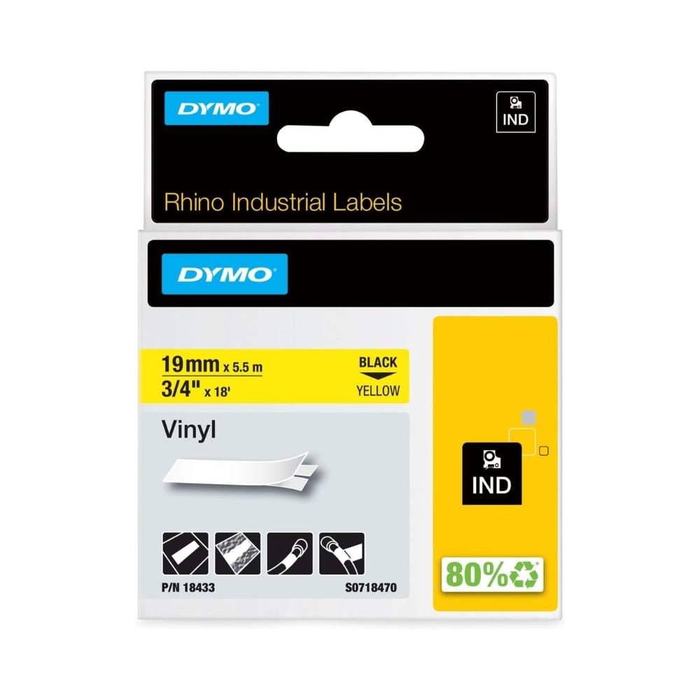 Cinta  Dymo Rhino Industrial Vinil Negro sobre Amarillo 19mm x 5.5m 18433