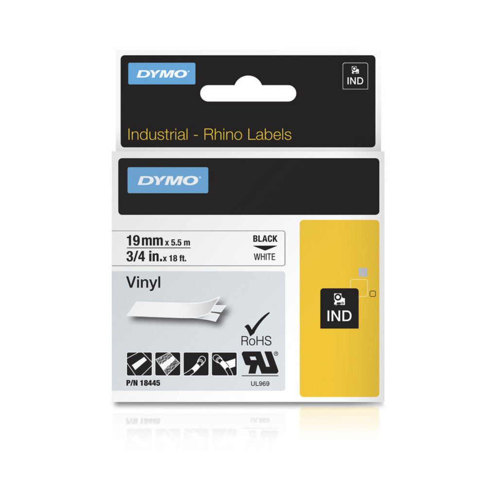 Cinta  Dymo Rhino Industrial Vinil Negro sobre Blanco 19mm x 5.5m 18445