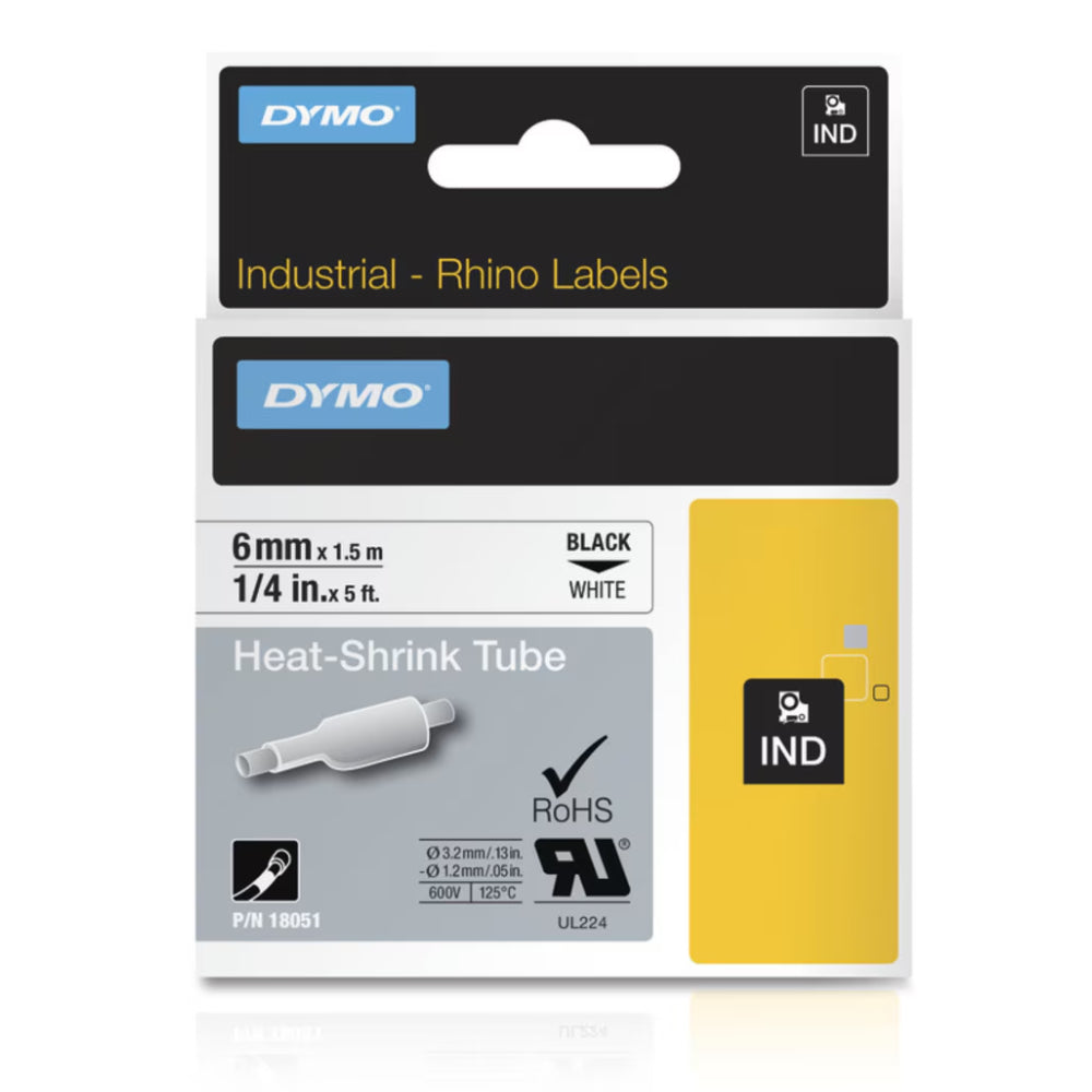 Cinta Dymo Rhino Industrial Termocontraible Negro sobre Blanco 6mm x 1.5m 18051