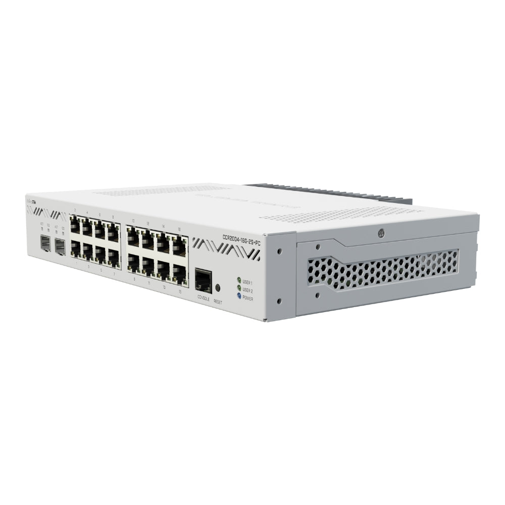 Cloud Core Router Mikrotik 16 Puertos Gigabit + 2 Puertos SFP + Puerto Consola CPU AlvinoV2 RAM 4GB Cooler Pasivo Licencia Nivel 6 Rackeable CCR2004-16G-2S+PC