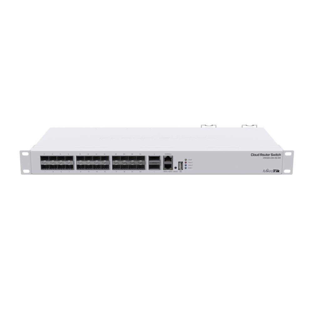 Cloud Core Router Mikrotik 24 Puertos SFP+ 10G + 2 Puertos Q+ 40G + 1 Puerto Serial RJ45 Capa 3. CPU ARM 1.7GHz 64Bits RAM 4GB Puerto Micro SD Fuente Redundante Licencia Nivel 6 Rackeable CRS326-24S+2Q+RM