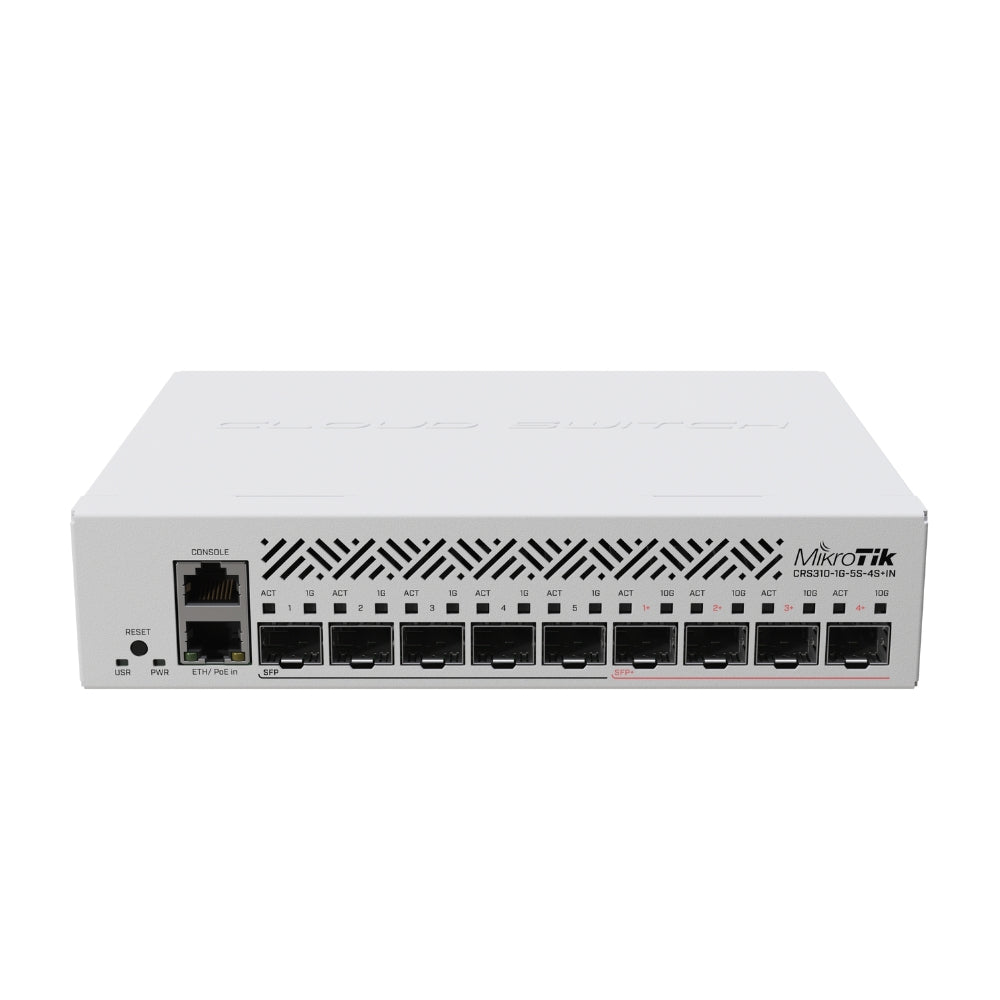 Cloud Core Router Mikrotik Switch 5 Puertos SFP + 4 Puertos SFP+ y 1 Ethernet Gigabit Dual Boot SwOS/RouterOS CPU 98DX226S RAM 256MB Licencia Nivel 5 Rackeable CRS310-1G-5S-4S+IN