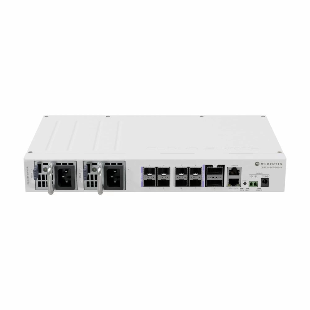 Cloud Router Mikrotik Switch 2 Puertos XQ 100G + 8 Puertos XS 25G VLAN 802.1Q/AD CPU QCA9531 RAM 128MB Licencia Nivel 5 Fuente Redundante Rackeable CRS510-8XS-2XQ-IN