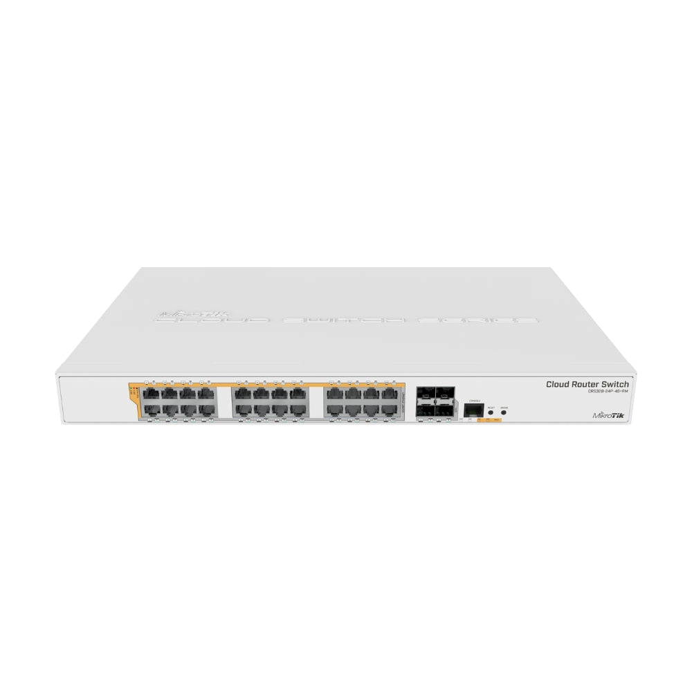 Cloud Router Mikrotik Switch 24 Puertos Gigabit PoE + 4 Puertos SFP+ Doble Boot SwOS y RouterOS Capa 3 CPU 800MHz RAM 512MB Licencia Nivel 5 Rackeable CRS328-24P-4S+RM