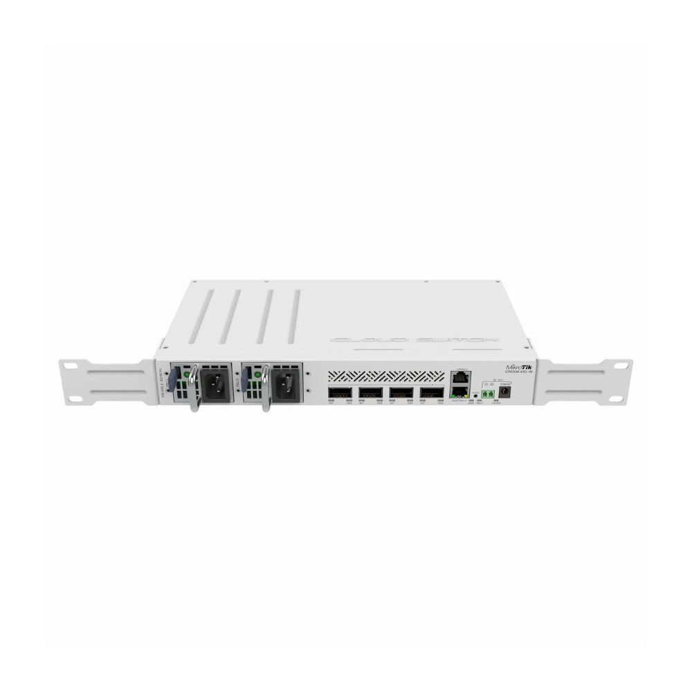 Cloud Router Mikrotik Switch 4 Puertos QSPF28 100G + 1 Puerto Consola CPU QCA9531 RAM 64MB Licencia Nivel 5 Fuente Redundante CRS504-4XQ-IN