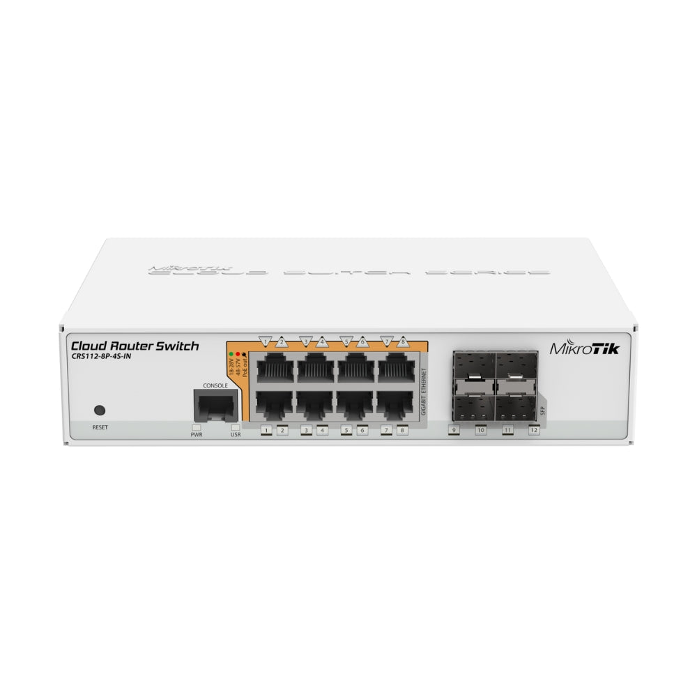 Cloud Router Mikrotik Switch 8 Puertos Gigabit PoE + 4 Puertos SFP + 1 Puerto Serial RJ45 CPU 400MHz RAM 128MB Licencia Nivel 5 CRS112-8P-4S-IN