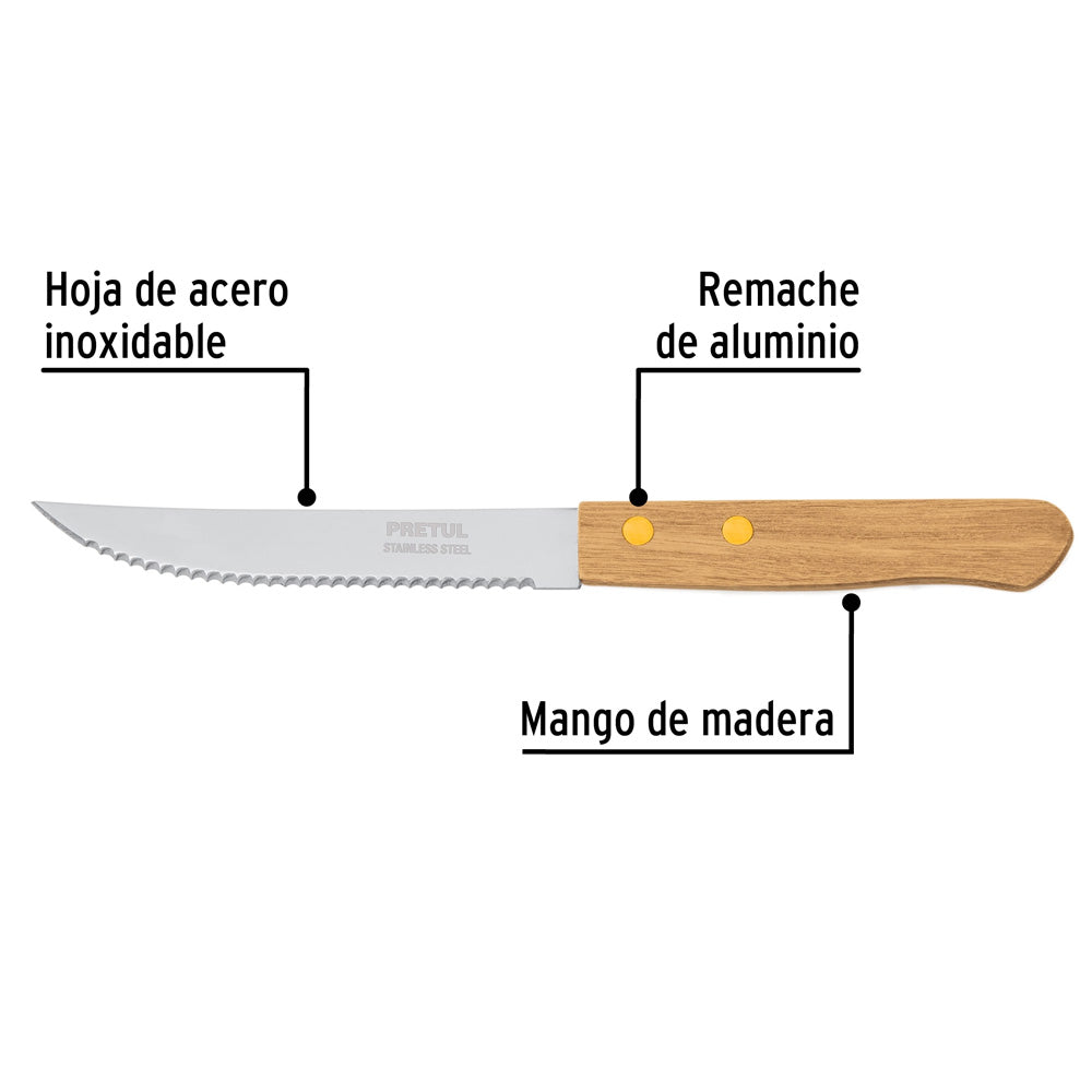 Cuchillo con Sierra Pretul para Asado 5" Mango de Madera