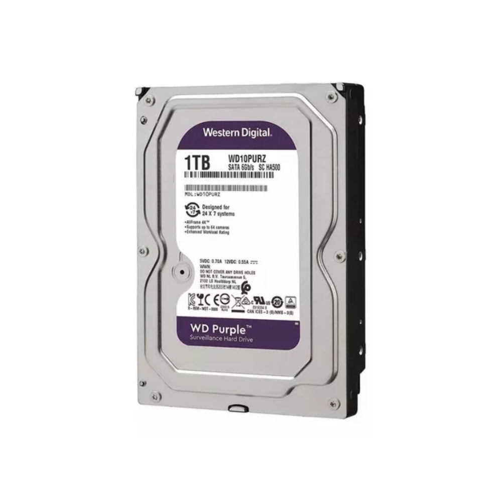 Disco Duro Western Digital Purpura 1TB 5400RPM Sata 6Gbps 3.5" Trabajo 24/7 para Videovigilancia CCTV WD11PURZ