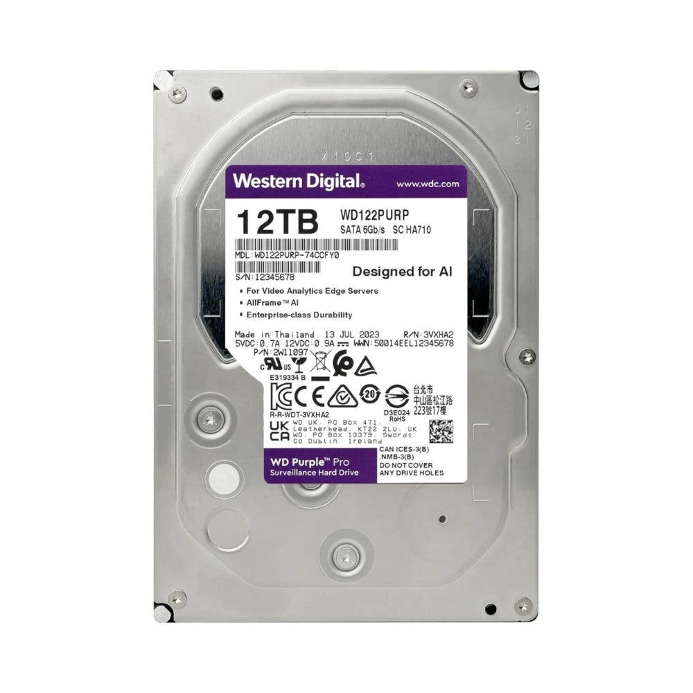 Disco Duro Western Digital Purpura Pro 12TB 7200RPM Sata 6Gbps 3.5" Trabajo 24/7 para Videovigilancia CCTV con IA WD122PURP