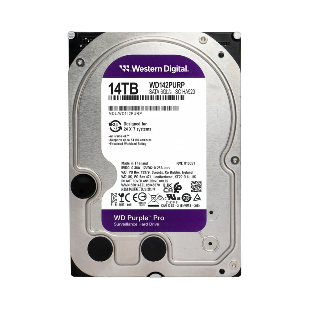 Disco Duro Western Digital Purpura Pro 14TB 7200RPM Sata 6Gbps 3.5" Trabajo 24/7 para Videovigilancia CCTV con IA WD142PURP