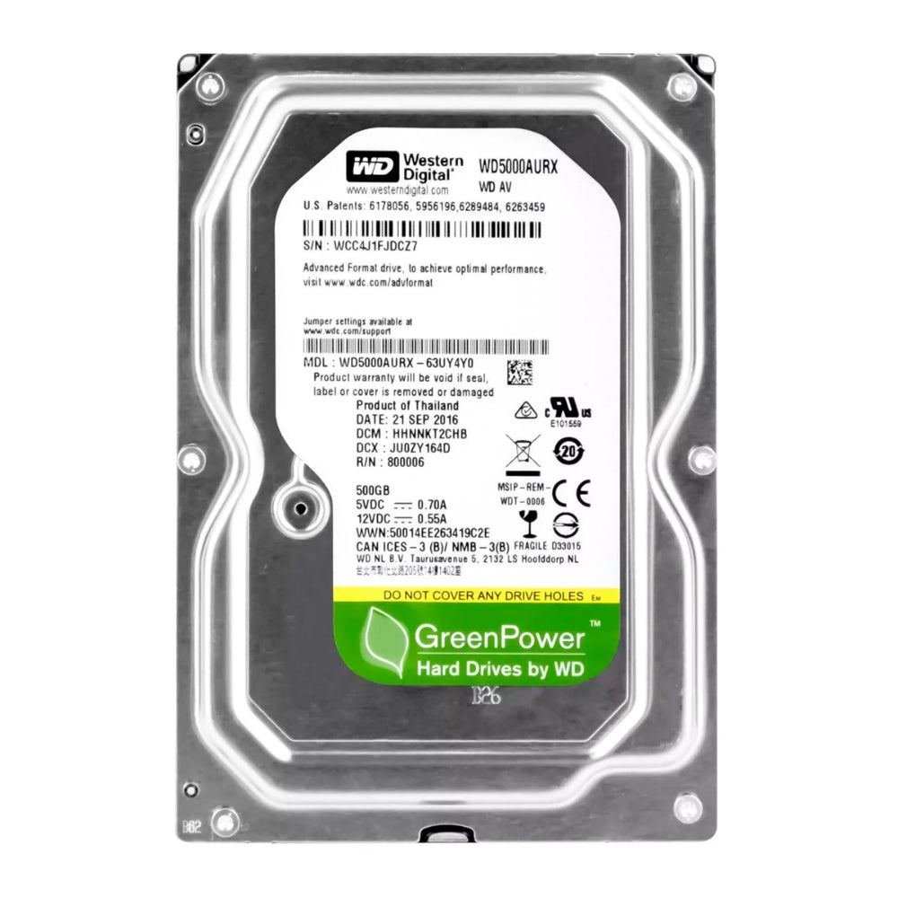 Disco Duro Western Digital Verde 500GB 5400RPM Sata 6Gbps 3.5" Trabajo 24/7 Cache 64MB para Videovigilancia CCTV Reacondicionado WD5000AURX