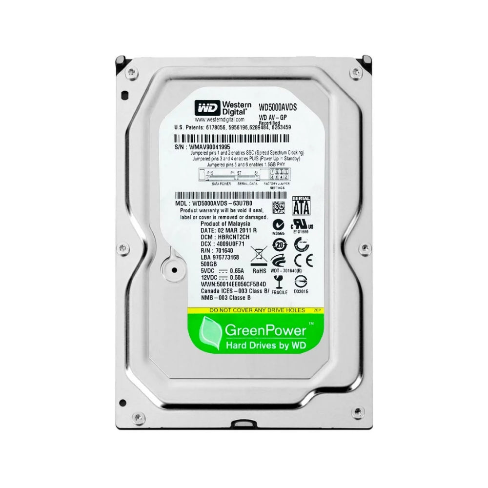 Disco Duro Western Digital Verde 500GB 5900RPM Sata III 3.5" para Videovigilancia CCTV Reacondicionado WD5000AVDS